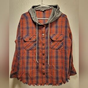 Shaggy Frayed Plaid Hooded Button-Up Shirt